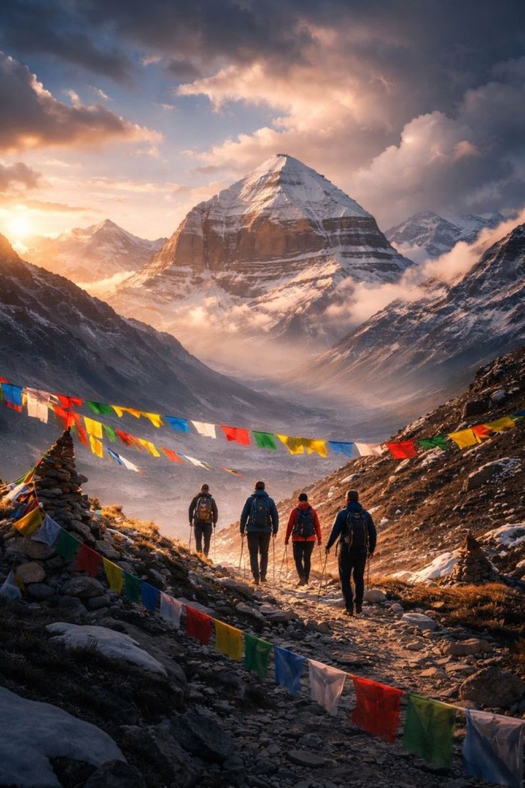 Mount Kailash with prayer flags and Lake Mansarovar in foreground