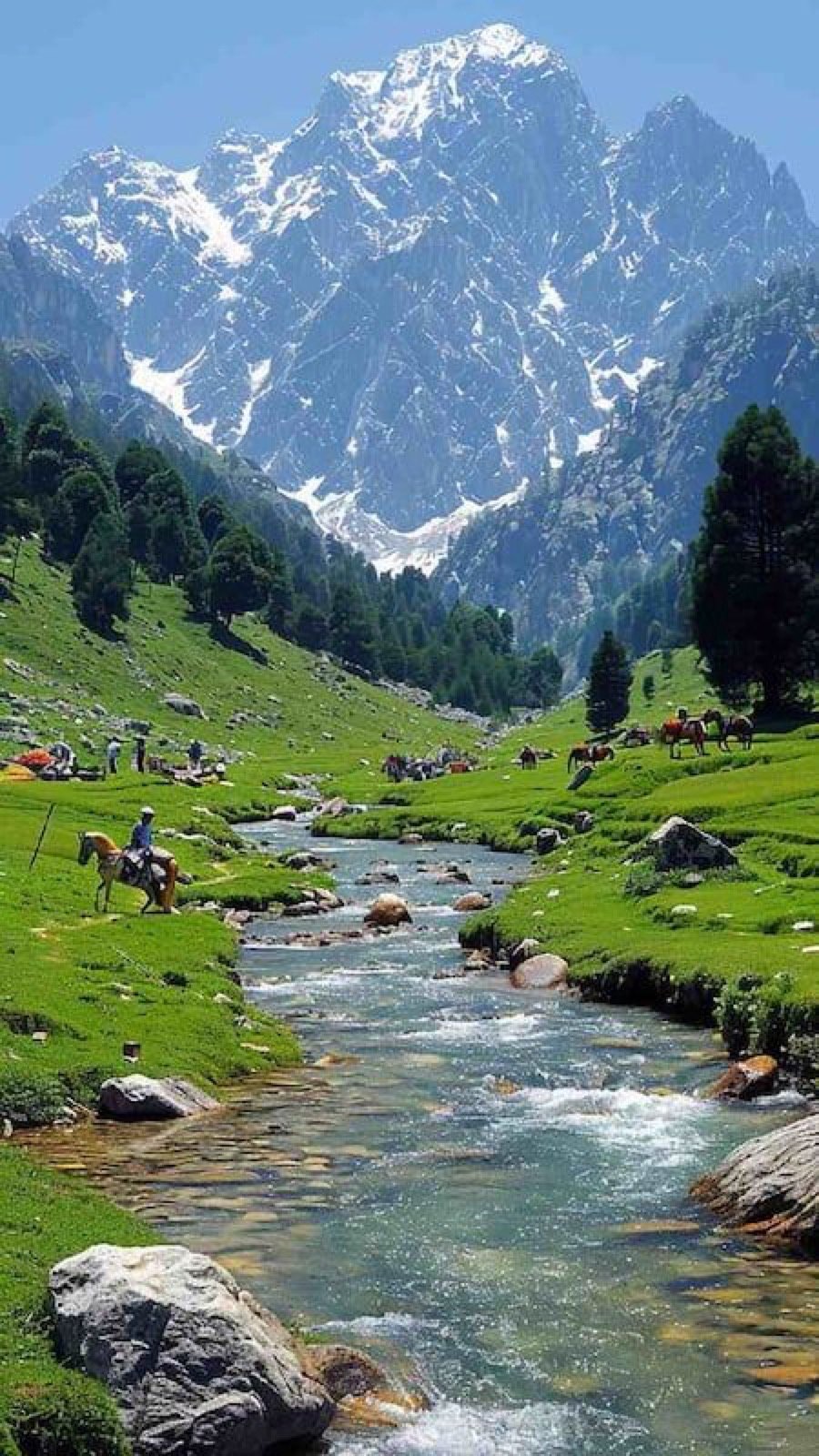 Pahalgam Lidder river valley with conifer slopes